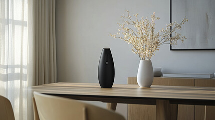 Poster - modern dining setup featuring sleek black vase and white vase with dried flowers, creating