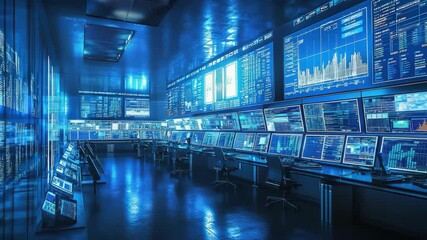 Poster - A futuristic control room filled with numerous monitors displaying data, charts, and digital interfaces in a blue-lit environment.