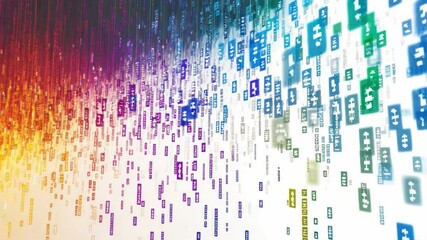 Poster - digital rain of color: a vibrant cascade of binary code in a spectrum of colors streams downwards, s