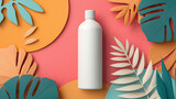 Minimalistic white shampoo bottle on abstract colorful 3D paper-cut background with pink, orange, and teal layers, tropical leaves, soft shadows, copy space on right