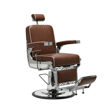 A vintage brown leather barber chair with chrome accents, isolated on transparent background