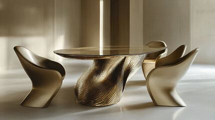 Poster - Stylish modern interior with sculptural gold base table and elegant chairs