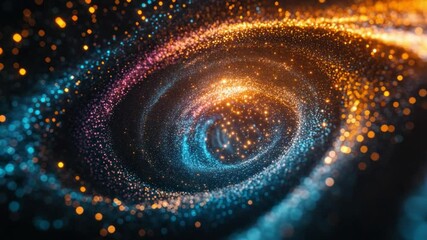 Poster - Cosmic Vortex: An abstract swirl of vibrant particles in teal, orange and gold, creating a mesmerizing cosmic vortex. The image evokes a sense of wonder and mystery.