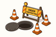 © Brubo - Under construction concept with open sewer manhole and traffic safety cones. Road work zone isometric vector. Street repair and maintenance. Hazard warning barrier sign illustration.