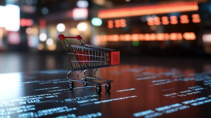 Miniature shopping cart on reflective surface with digital pattern for retail business concept