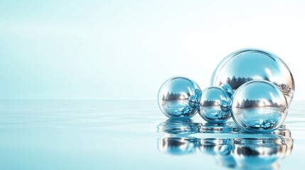 Poster - Multiple reflective blue spheres rest on a calm water surface, creating a harmonious balance of shape and color while capturing light and reflections that enhance visual appeal.
