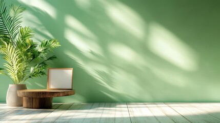 Poster - A vibrant green wall complements a modern chair and plant, creating a tranquil and inviting interior space that showcases natural elements for a calming effect.