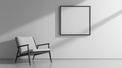 Poster - modern chair beside blank frame on minimalist wall, creating serene atmosphere