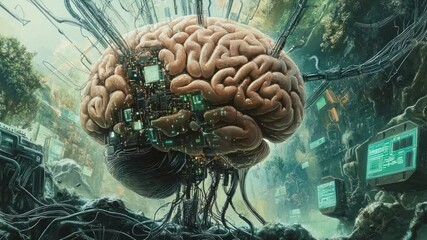 Poster - The Interconnected Brain: A detailed, digital depiction showcases a human brain intricately interwoven with technology, set in a surreal environment blending nature and futuristic elements.