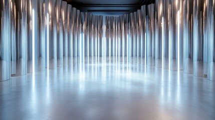 Poster - This captivating image displays a futuristic hallway lined with reflective silver columns, creating a mesmerizing play of light and shadows in an immersive environment.
