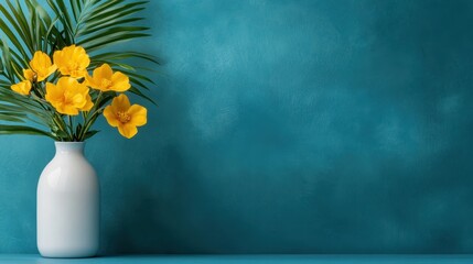Poster - A white vase holding bright yellow flowers against a teal background adds a vibrant touch and brings a sense of freshness and joy to any space or decor.