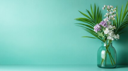 Poster - An elegant arrangement of flowers in a clear glass vase against a soft green background, symbolizing beauty and tranquility, perfect for home decor inspiration.