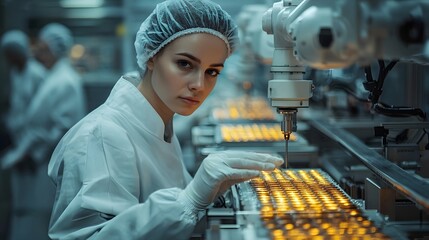 Poster - A factory worker using robotic arms to precisely measure and mix ingredients