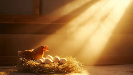 Poster - Warm golden sunlight filtering through wooden chicken coop, highlighting peaceful hen nestled protectively among hay, guarding recently laid eggs with maternal care