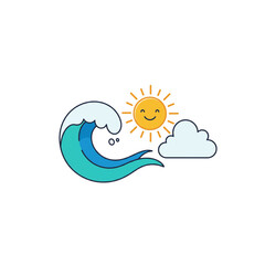 Poster - Delightful Ocean Wave Design Featuring a Smiling Sun and Cloud Ideal for Branding Logos and Summer Themes