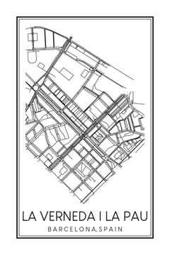 Hand drawn printable downtown road map poster of borough LA VERNEDA I LA PAU of the Spanish city of BARCELONA on solid white background with city name