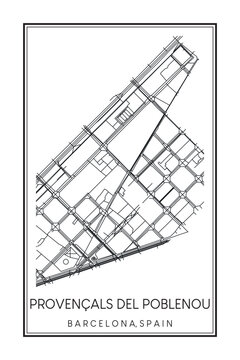 Hand drawn printable downtown road map poster of borough PROVENÇALS DEL POBLENOU of the Spanish city of BARCELONA on solid white background with city name