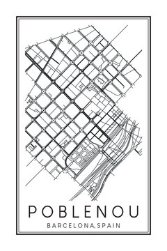 Hand drawn printable downtown road map poster of borough POBLENOU of the Spanish city of BARCELONA on solid white background with city name