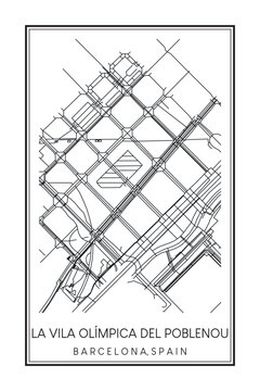 Hand drawn printable downtown road map poster of borough LA VILA OLÍMPICA DEL POBLENO of the Spanish city of BARCELONA on solid white background with city name