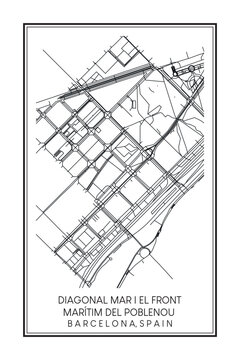 Hand drawn printable downtown road map poster of borough DIAGONAL MAR I EL FRONT MARÍTIM DEL POBLENOU of the Spanish city of BARCELONA on solid white background with city name