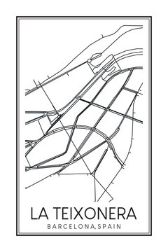 Hand drawn printable downtown road map poster of borough LA TEIXONERA of the Spanish city of BARCELONA on solid white background with city name