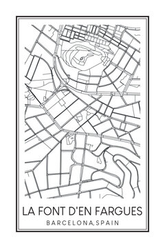 Hand drawn printable downtown road map poster of borough LA FONT D'EN FARGUES of the Spanish city of BARCELONA on solid white background with city name