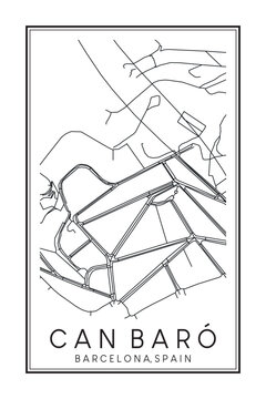 Hand drawn printable downtown road map poster of borough CAN BARÓ of the Spanish city of BARCELONA on solid white background with city name