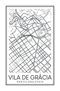 Hand drawn printable downtown road map poster of borough VILA DE GRÀCIA of the Spanish city of BARCELONA on solid white background with city name