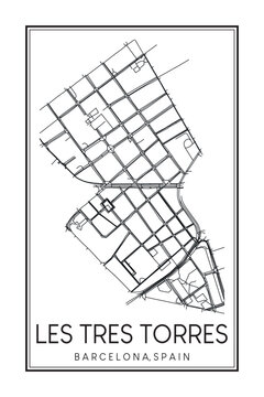 Hand drawn printable downtown road map poster of borough LES TRES TORRES of the Spanish city of BARCELONA on solid white background with city name