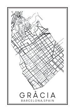 Hand drawn printable downtown road map poster of borough GRÀCIA of the Spanish city of BARCELONA on solid white background with city name