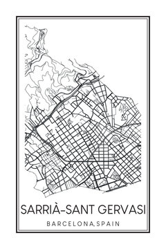 Hand drawn printable downtown road map poster of borough SARRIÀ-SANT GERVASI of the Spanish city of BARCELONA on solid white background with city name