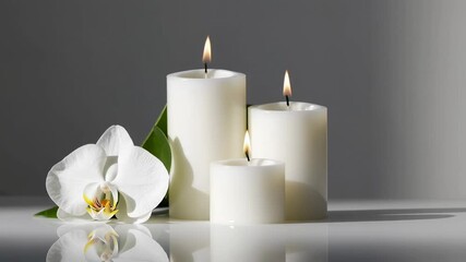 Poster - White burning candles of different sizes and a white orchid flower with a green leaf create a serene atmosphere on a reflective surface against a gray background