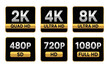 © shonaching - Resolution Display Icons: 2K, 4K, 8K, 480p, 720p, 1080p | Vector Set of Video and Screen Resolution Labels for Product Specifications and Technology Guides