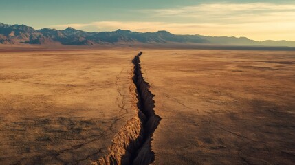 Poster - Deep earthquake fault line cutting through a vast desert landscape at sunset, highlighting the powerful forces of nature and geological activity