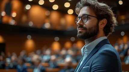 Poster - Businessman delivering a presentation at an international conference