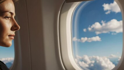 Poster - Confident businesswoman gazing through airplane window, absorbing serene cloudscape while traveling, embodying peaceful professional journey with tranquil aerial perspective