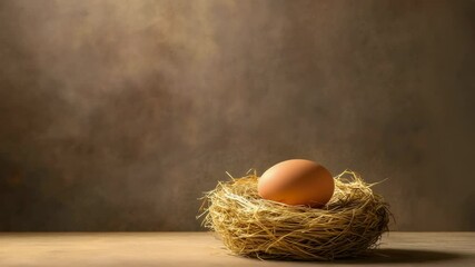 Poster - Six identical still life compositions present a single brown egg nestled in a small bird's nest on a light wooden surface against a textured brown backdrop, creating a rustic and natural aesthetic