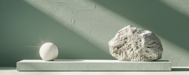 Poster - Minimalist design with gray stone and white circle on textured green background