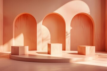 Poster - Minimalist and elegant pink interior with geometric shapes in sunlight