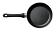 © Ingrid - A close-up overhead shot of a black non-stick frying pan with a long black handle.