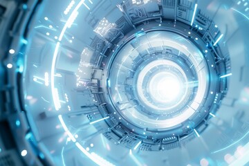 Poster - futuristic circular structure with white and blue lights on a white background