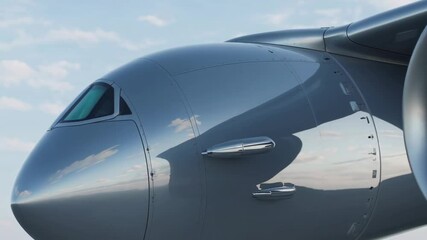 Aufkleber - Silver passenger jet gleaming in sunlight, revealing cockpit window, aerodynamic sensors, powerful turbine engine against bright, clear backdrop