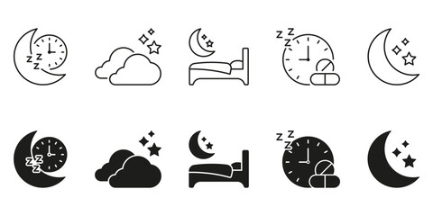 Poster - Moon, Clock, And Sleep Line And Solid Icon Set. Nighttime Rest, Sleep Schedule, And Bedtime Routine Symbol Collection. Sleep Health And Relaxation. Isolated Vector Illustration