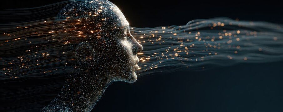 Futuristic digital human profile with sparkling particles and flowing energy trails in dark background