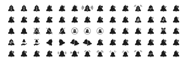 Poster - Notification Bell Solid Icon Set. Alert, Reminder, And Notification Management Silhouette Symbol Collection. Includes Variations For Settings, Messages, And Alerts. Isolated Vector Illustration