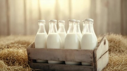 Poster - Wooden crate holding eight glass bottles filled with fresh, white milk, resting on fragrant straw beneath warm sunlight filtering through rustic barn interior