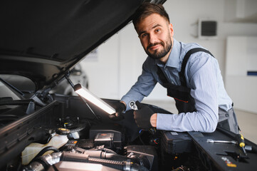 Fototapete - Troubleshooting process. Auto mechanic working in garage. Repair service