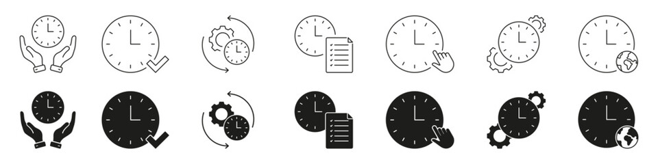 Fototapete - Clock Management And Time Optimization Line And Solid Icon Set. Time Efficiency, Scheduling, Global Synchronization Symbol Collection. Productivity And Workflow. Isolated Vector Illustration