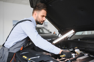 Fototapete - Troubleshooting process. Auto mechanic working in garage. Repair service