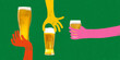 © master1305 - Three colorful hands holding beer glasses with foam on green background. Conceptual art collage. Flat folk design. Concept of group cheers, fun beer toast, friendly party mood, summer fest